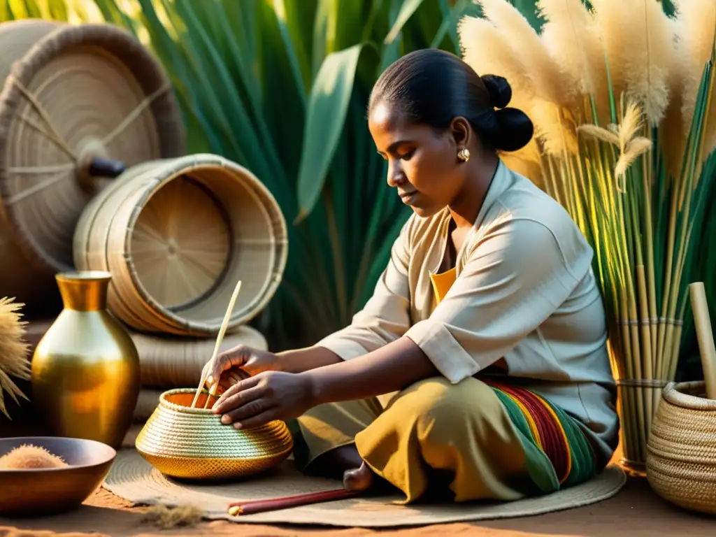 Un hábil artesano tejendo una cesta tradicional al atardecer, rodeado de materiales naturales