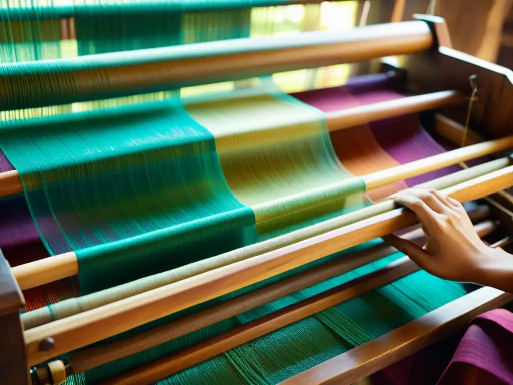 Un hábil artesano teje meticulosamente tela Chanderi en un telar de madera, rodeado de vibrantes hilos y luz natural