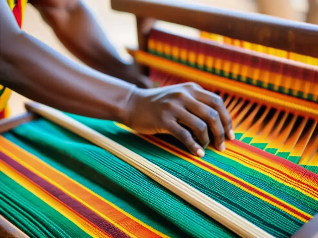 Un hábil artesano de la comunidad Ewe en Ghana teje meticulosamente tejidos tradicionales, evocando la rica herencia cultural de la región