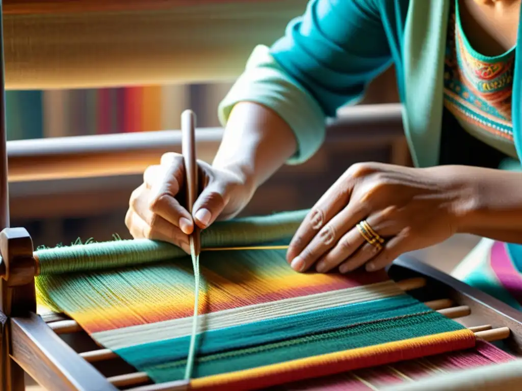 Un hábil artesano teje con cuidado hilos coloridos en un patrón textil tradicional en un telar de madera