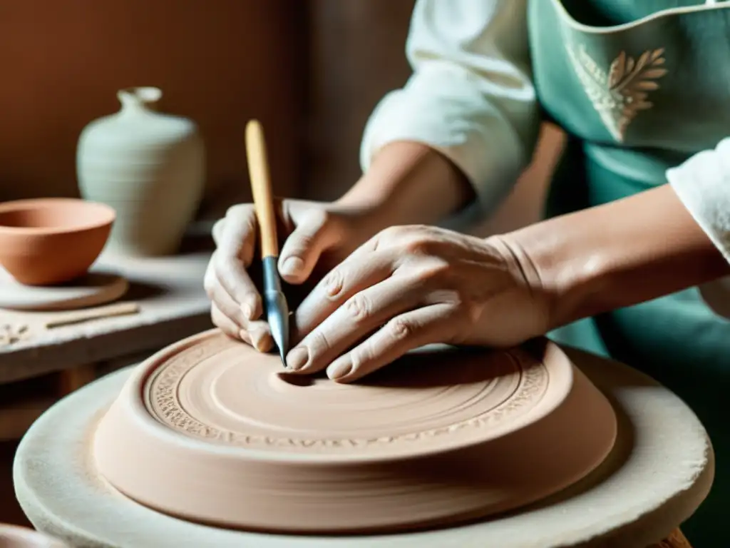 Un hábil artesano moldea con cuidado una pieza cerámica en tonos cálidos, destacando la artesanía y dedicación