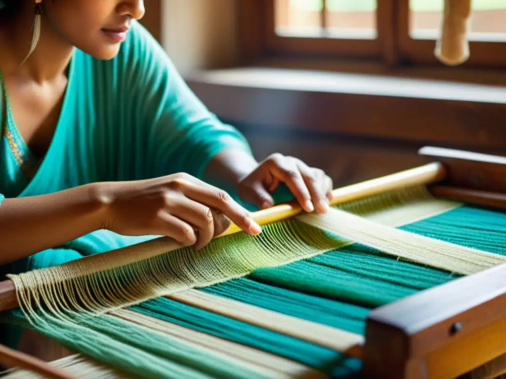 Un hábil artesano teje con cuidado pashmina en un telar de madera, iluminado por luz natural