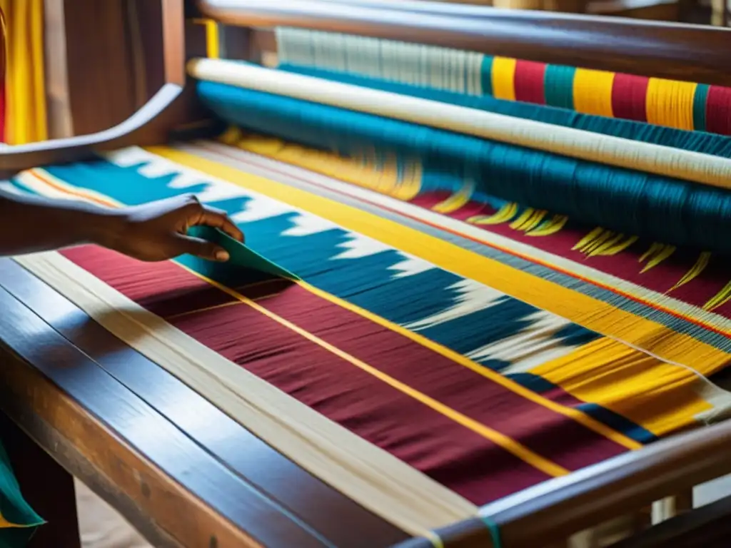 Un hábil artesano teje con cuidado un textil ikat indio en un telar de madera, mostrando la rica paleta de colores y la precisión de los patrones ikat