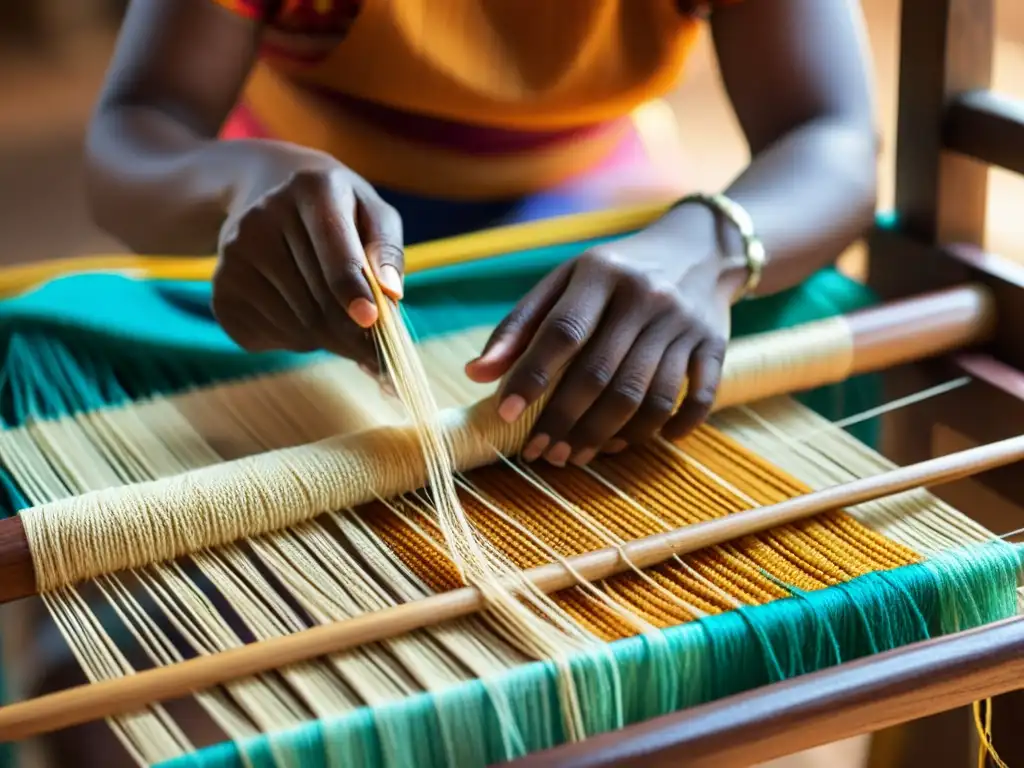 Un hábil artesano teje con delicadeza tejidos africanos con rafia y seda en un telar de madera tradicional