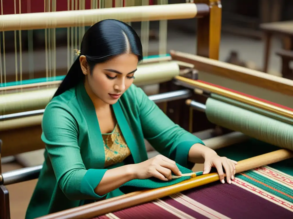 Un hábil artesano teje con destreza un exquisito tejido jacquard en un telar tradicional, usando hilos vibrantes en variados patrones