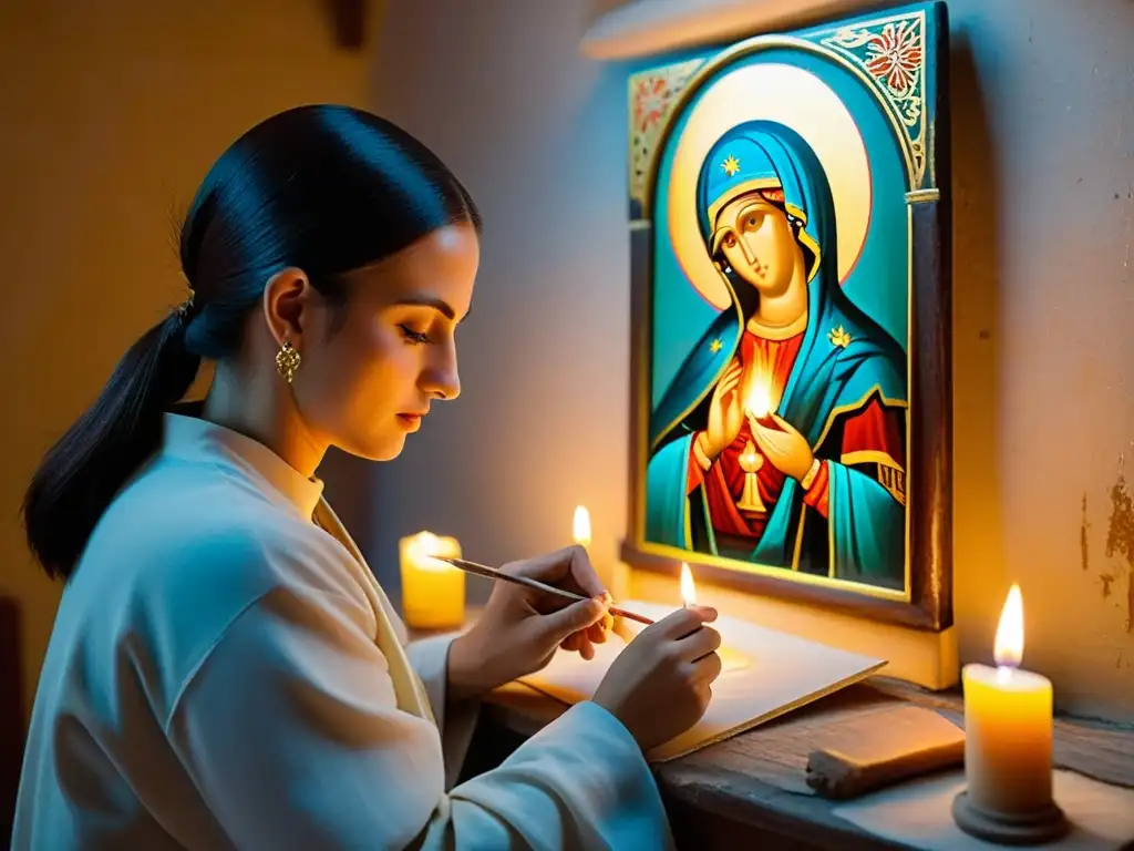 Un hábil artesano pinta con devoción un icono religioso en un monasterio de Rumania, iluminado por la cálida luz de las velas