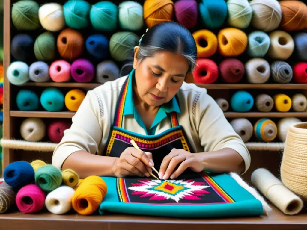 Un hábil artesano ecuatoriano crea un retablo vibrante y detallado, rodeado de colores y patrones andinos