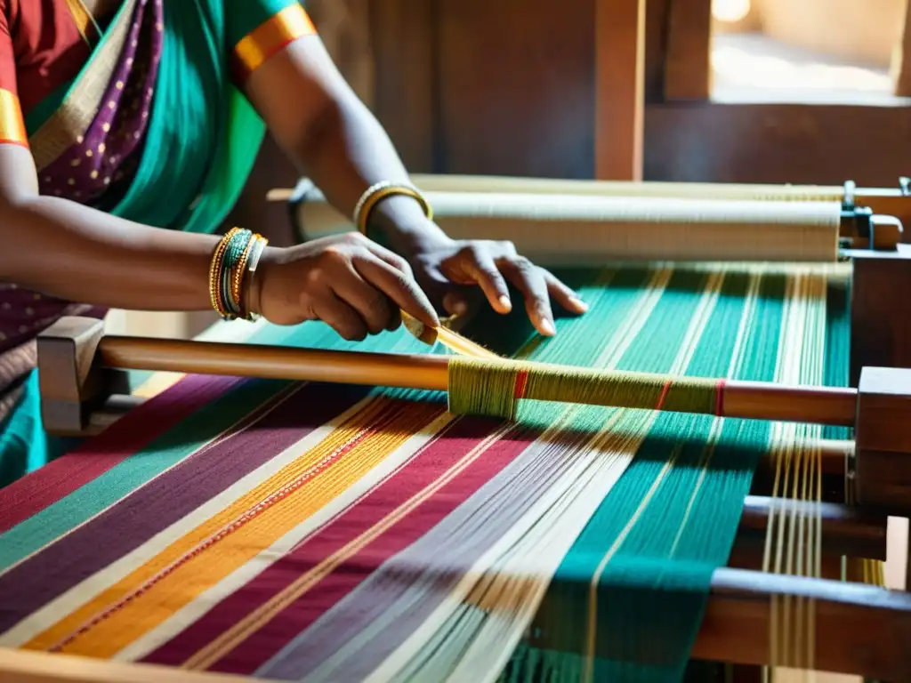 Un hábil artesano en la India teje patrones textiles sostenibles en un telar de madera, iluminado por la cálida luz del sol