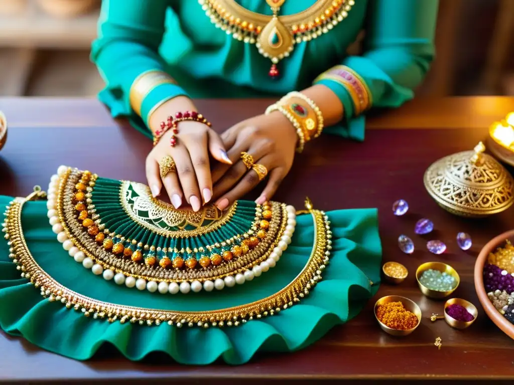 Un hábil artesano de joyería india elabora meticulosamente piezas en su taller, destacando los patrones de henna en sus manos