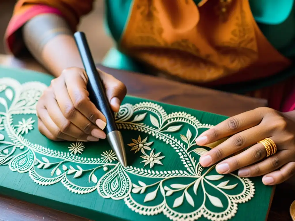 Un hábil artesano en la India talla meticulosamente un diseño intrincado en un bloque de madera para block printing