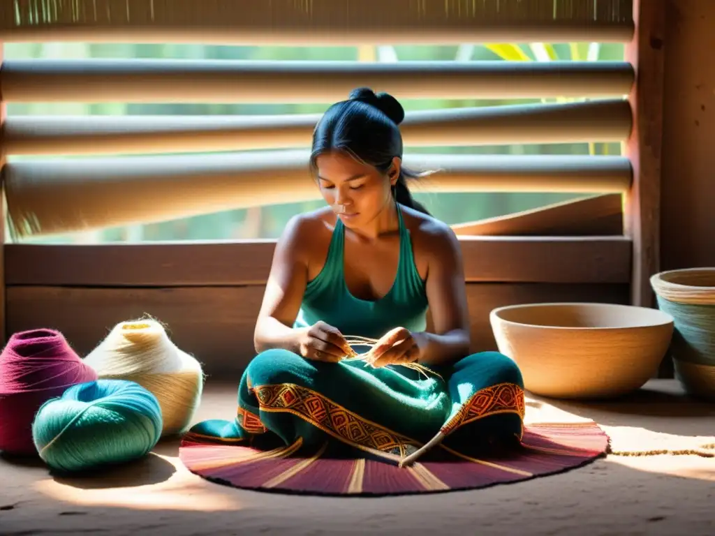 Un hábil artesano indígena teje patrones artísticos en un telar, rodeado de hilos teñidos, en un taller rústico iluminado por la cálida luz del sol