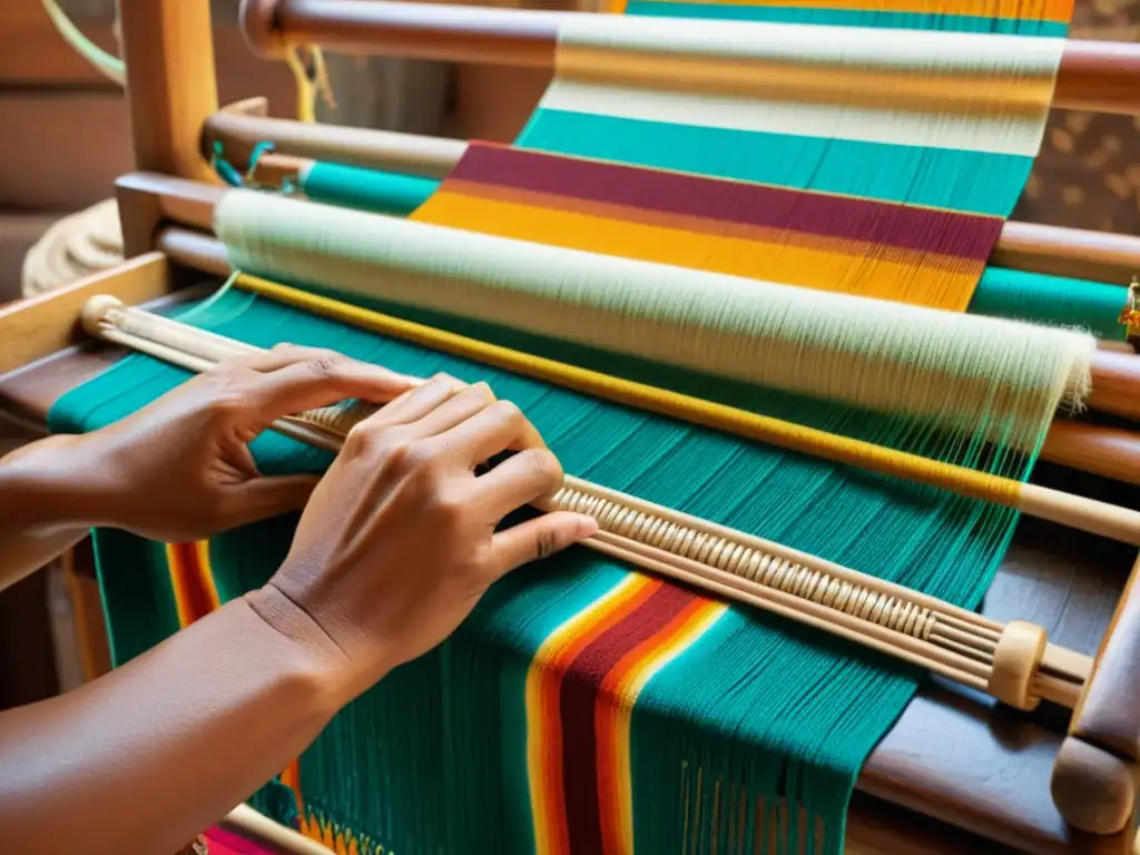 Un hábil artesano indígena teje textiles coloridos en un telar de cintura vintage