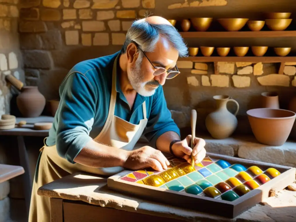 Un hábil artesano crea un intrincado patrón de mosaico mediterráneo en un taller tradicional, con luz cálida y ambiente artístico