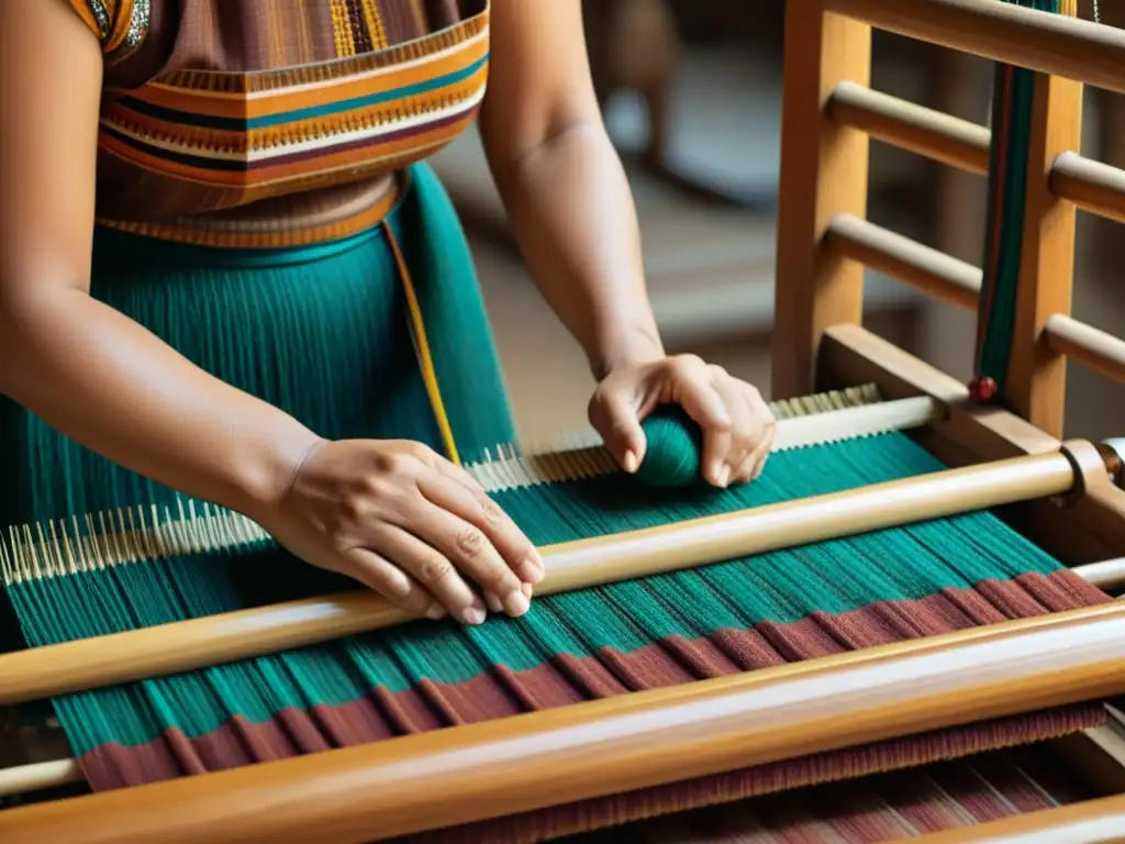 Un hábil artesano teje un intrincado patrón textil en un telar tradicional, evocando la rica herencia cultural y la artesanía tradicional