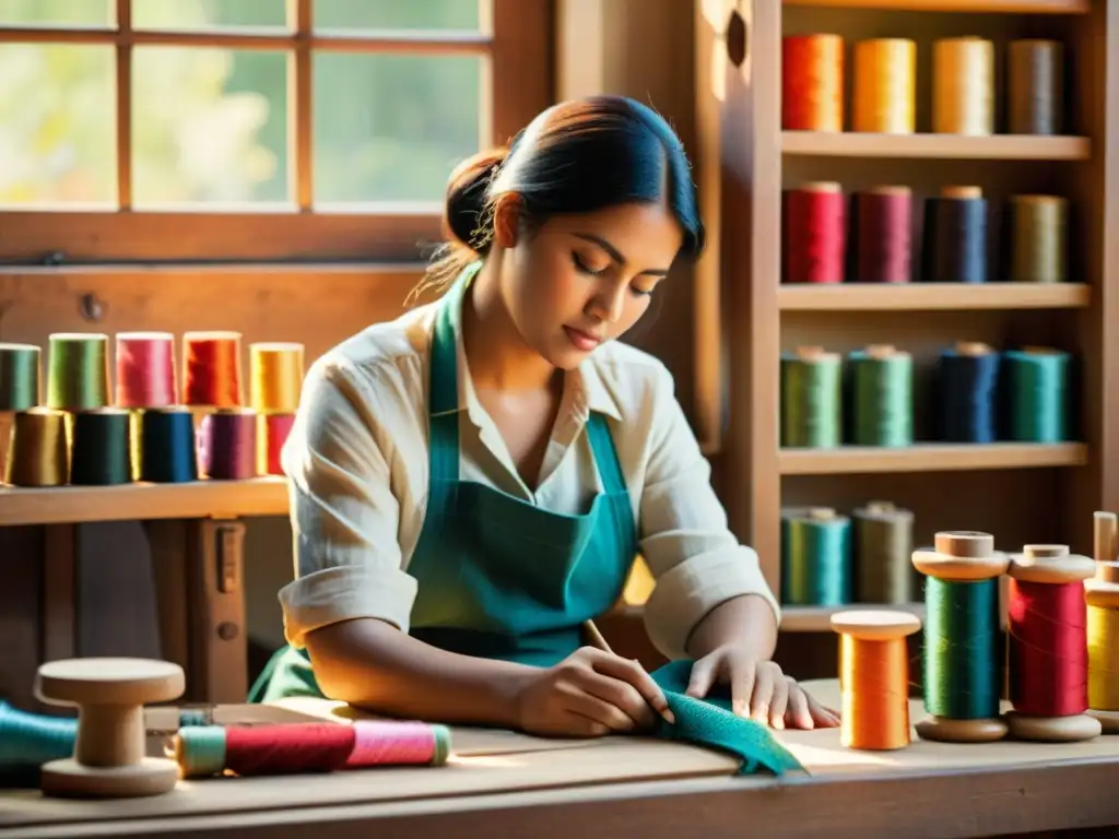 Un hábil artesano tejiendo un intrincado patrón textil rodeado de hilos de colores, con una cálida luz de tarde