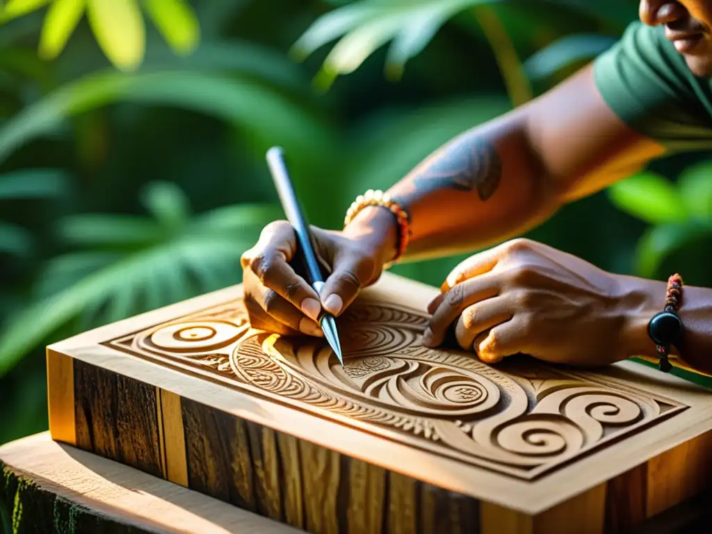Un hábil artesano tallando intrincados patrones polinesios en madera, rodeado de exuberante vegetación y luz natural cálida