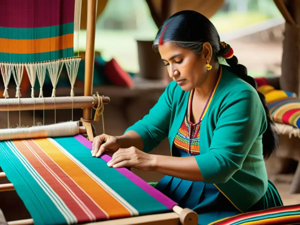 Un hábil artesano en América Latina teje coloridos hilos en un telar tradicional, rodeado de textiles vibrantes y elementos naturales