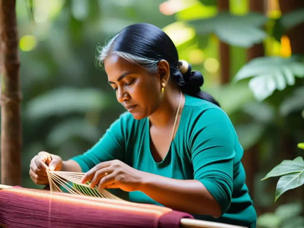 Un hábil artesano latinoamericano teje con cuidado un textil tradicional, resaltando el tejido en medicina tradicional latinoamericana