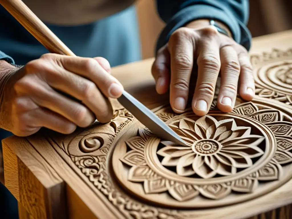 Un hábil artesano talla con precisión en madera de roble envejecida, evocando las técnicas tradicionales de calado en madera