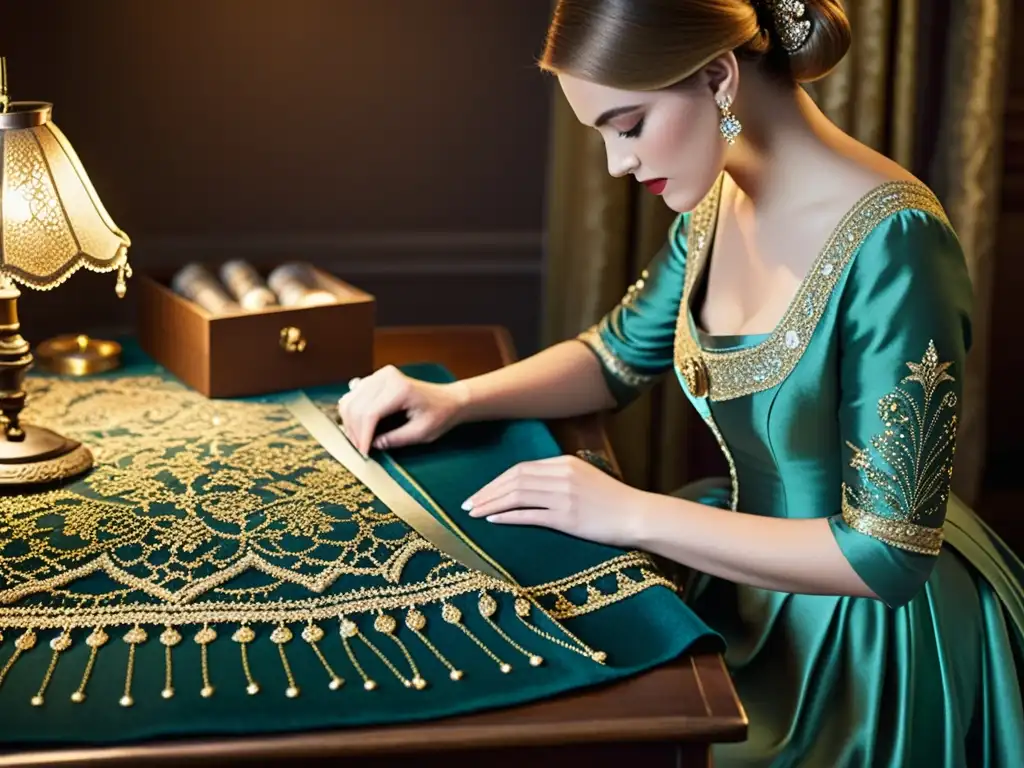 Alta costura: arte vintage de la costura a mano Un hábil artesano cose a mano patrones artísticos en moda de alta gama en un atelier vintage