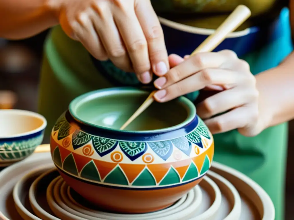 Un hábil artesano pinta a mano patrones artísticos en cerámica local, destacando la belleza y artesanía tradicional