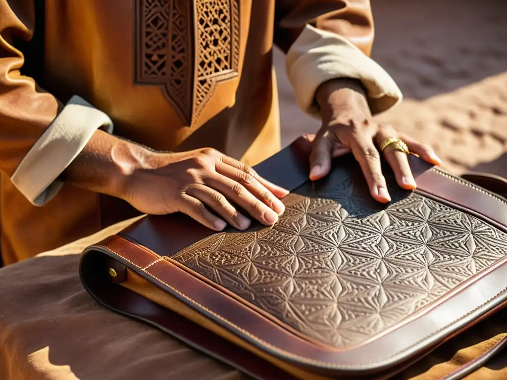 Un hábil artesano marroquí talla patrones artísticos en un satchel de cuero en Marrakech, con la luz dorada del mercado de fondo