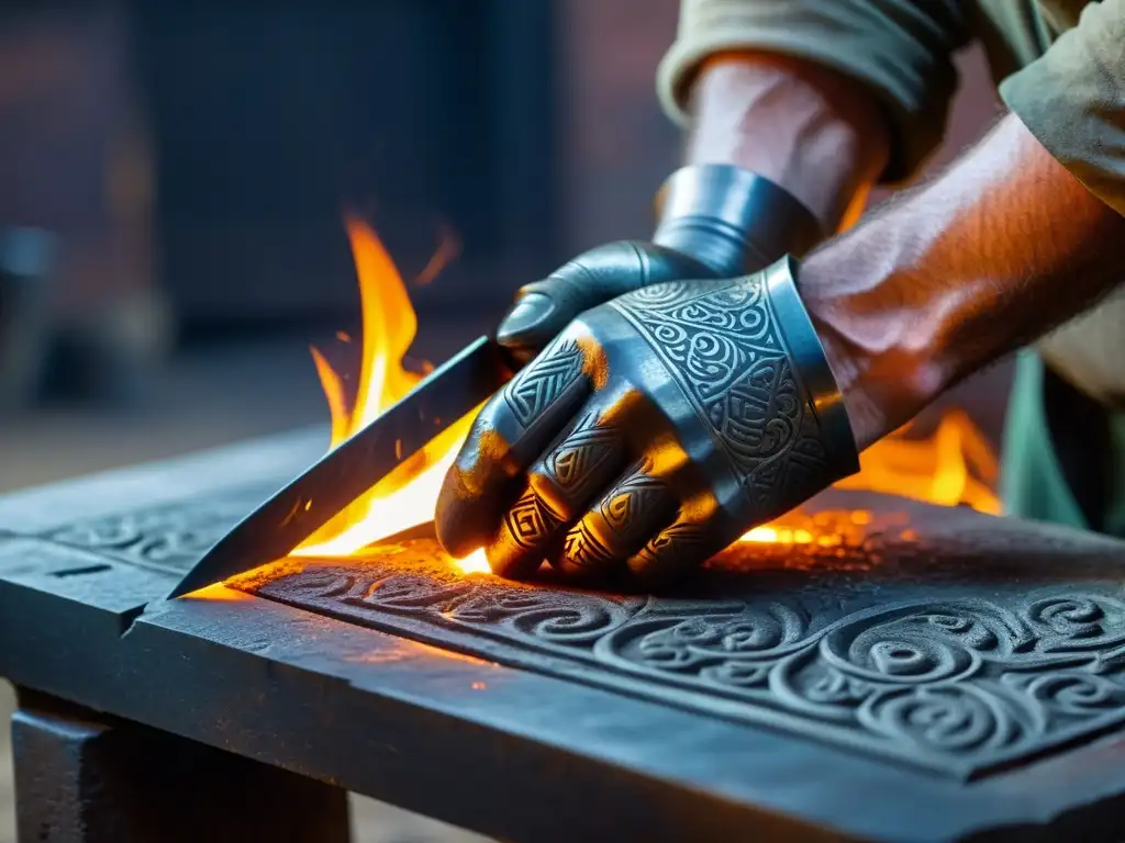 Un hábil artesano medieval tallando patrones artísticos en metal con herramientas tradicionales, envuelto en la cálida luz de la fragua