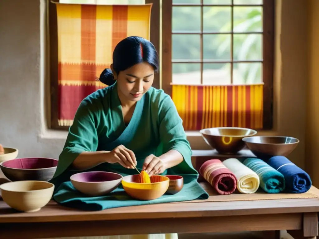 Un hábil artesano tiñe meticulosamente tela con técnicas tradicionales de Ikat y Shibori