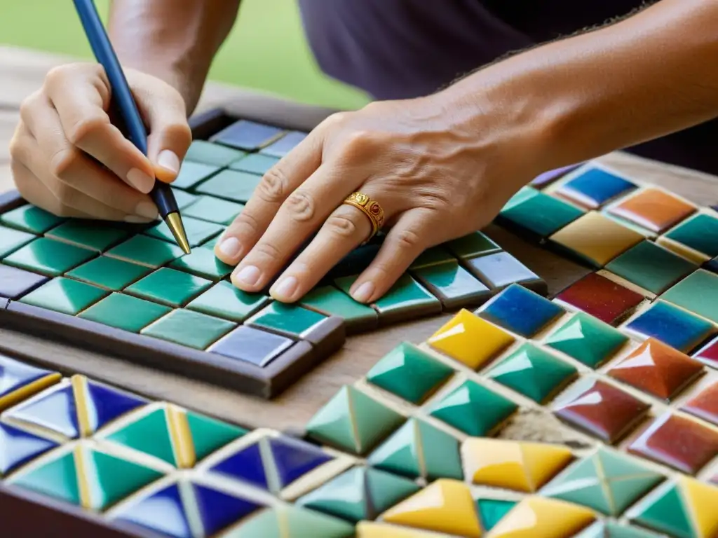 Un hábil artesano en Grecia, talleres mosaico bizantino, crea con destreza un patrón vibrante con teselas coloridas