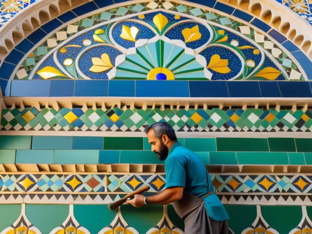 Un hábil artesano coloca minuciosamente mosaicos árabes en una fachada histórica, rodeado de herramientas y materiales