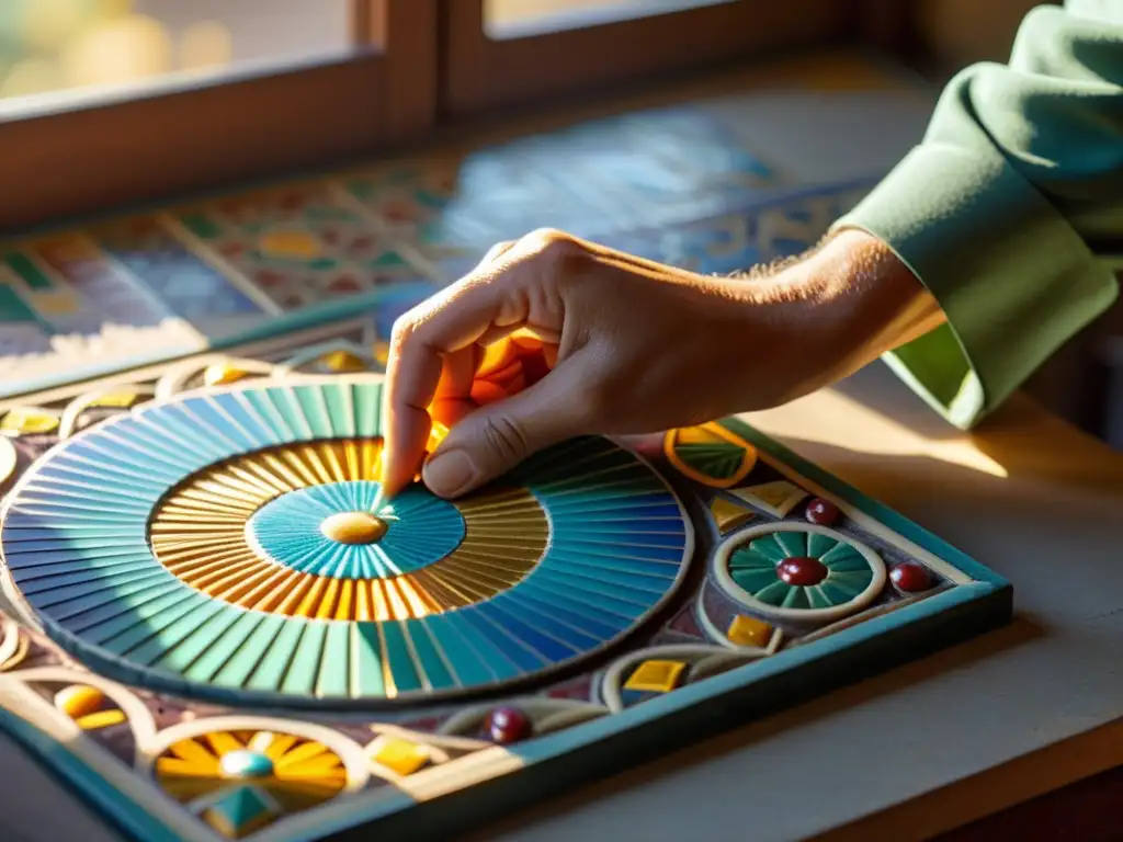 Mosaico Árabe: Artesano Creando Obra Maestra Un hábil artesano coloca meticulosamente mosaicos en una mesa vintage