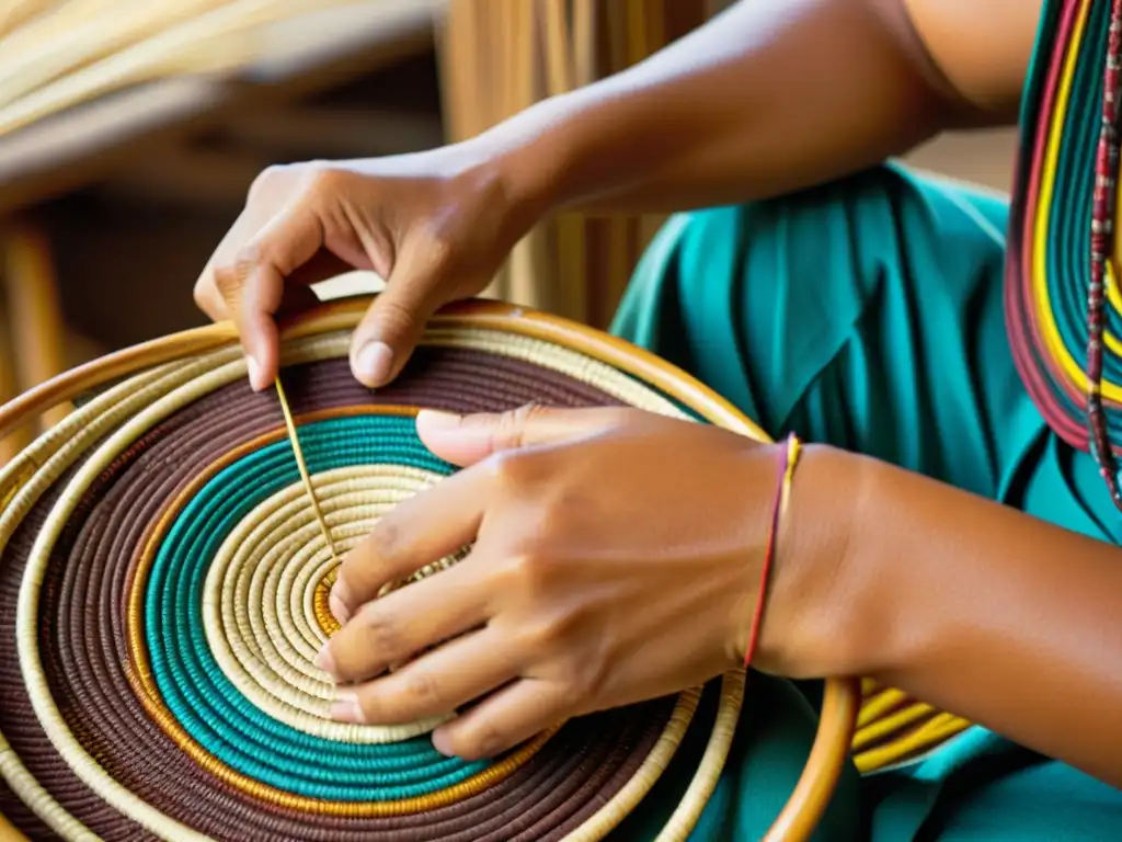 Un hábil artesano nativo teje con destreza patrones artísticos en cestas nativas, resaltando la rica herencia cultural