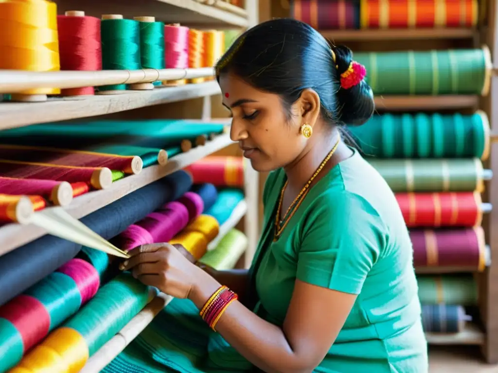 Un hábil artesano de Orissa teje patrones complejos en un Ikat tradicional con hilos brillantes