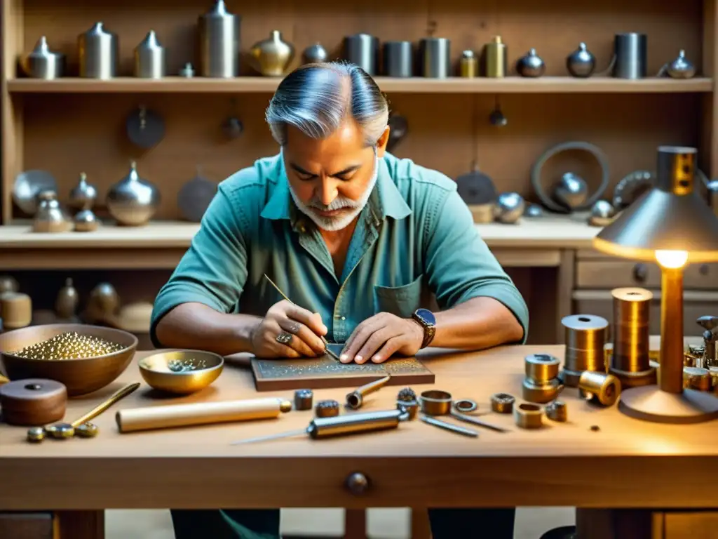 Un hábil artesano crea un patrón de joyería en un banco de trabajo de madera, rodeado de herramientas y alambres metálicos