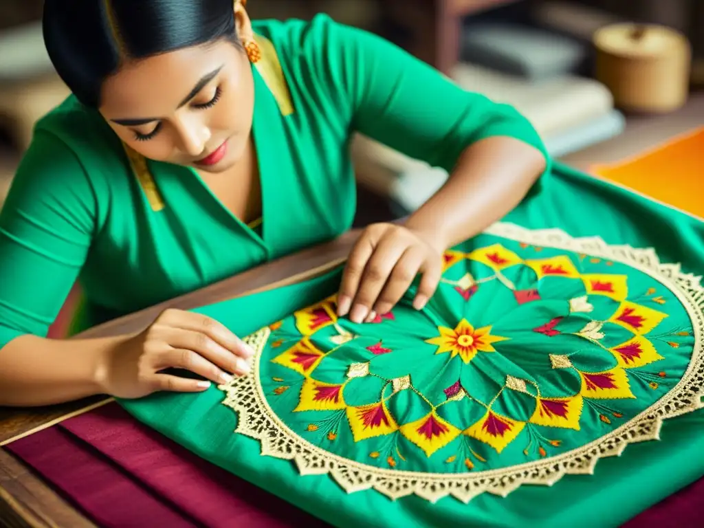 Un hábil artesano crea un patrón detallado en tela con colores vibrantes, capturando la esencia de los cursos certificación diseño patrones simetría