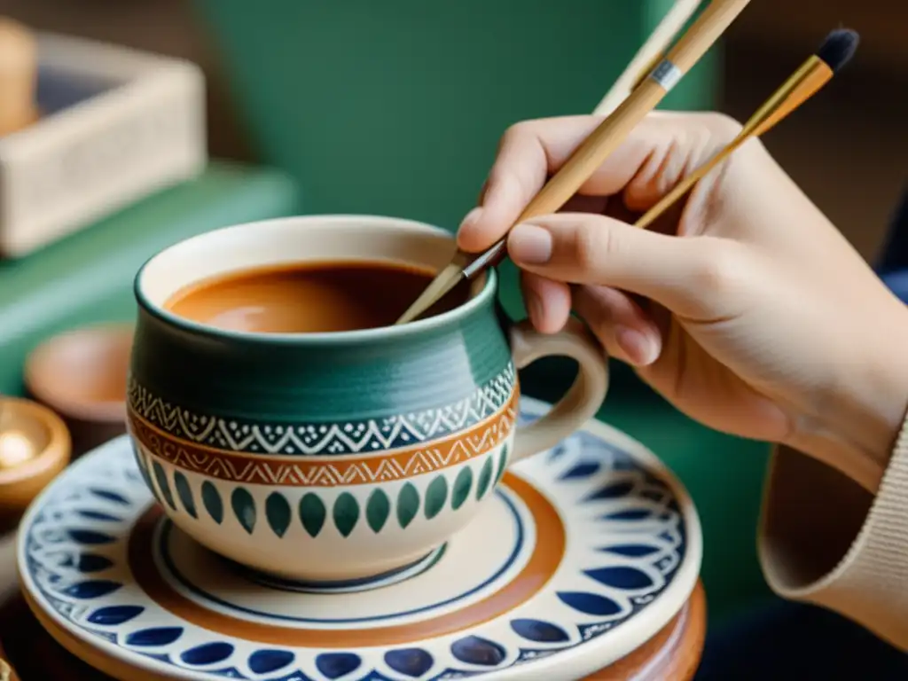 Un hábil artesano pinta delicadamente un patrón en una taza de cerámica, fusionando tradición con merchandising