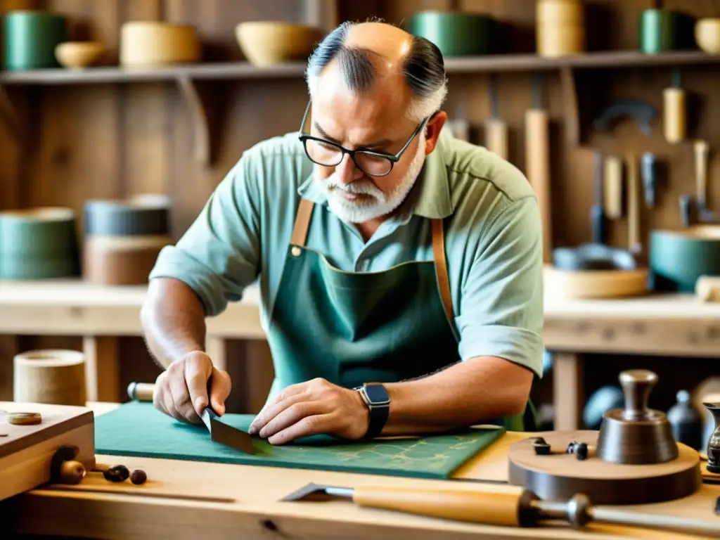 Un hábil artesano crea un patrón único en un producto personalizado en su cálido taller vintage