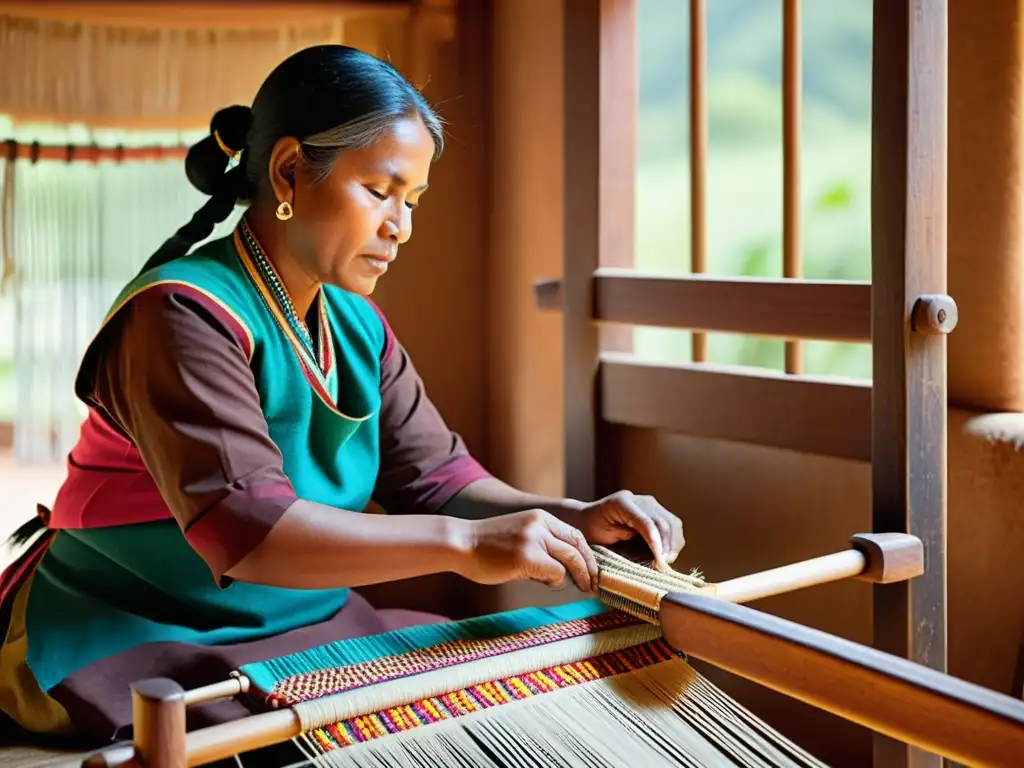 Un hábil artesano teje patrones ancestrales en telar, reviviendo tradiciones con realidad aumentada