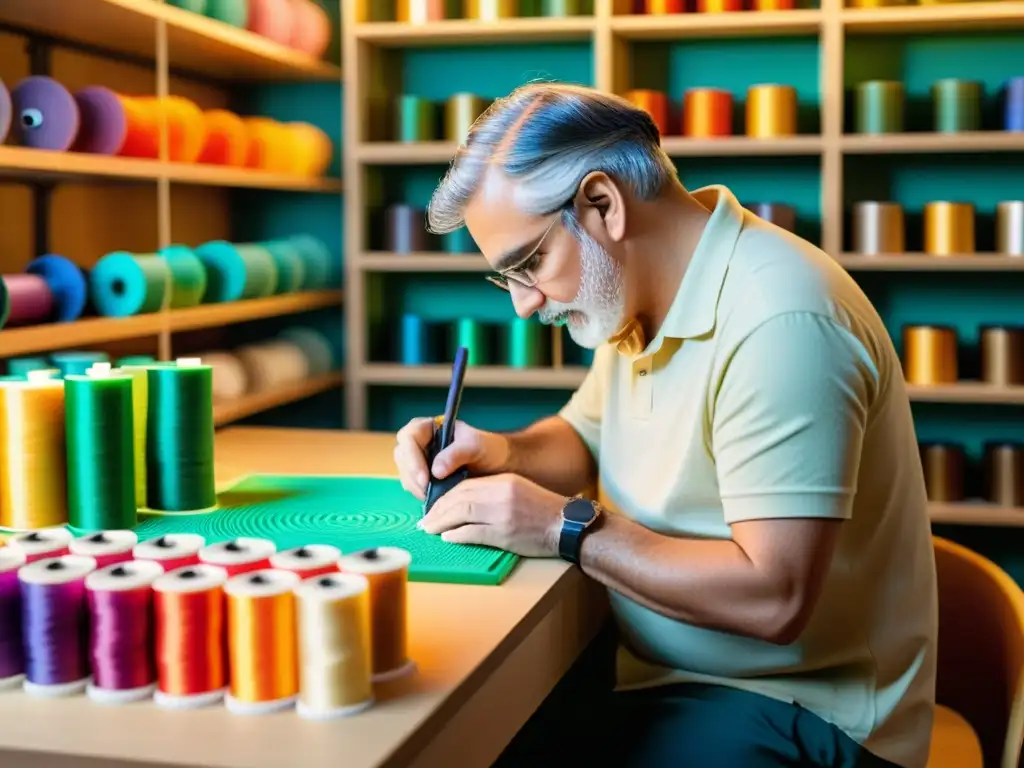 Un hábil artesano crea patrones artísticos con una pluma de impresión 3D en un taller cálido y acogedor