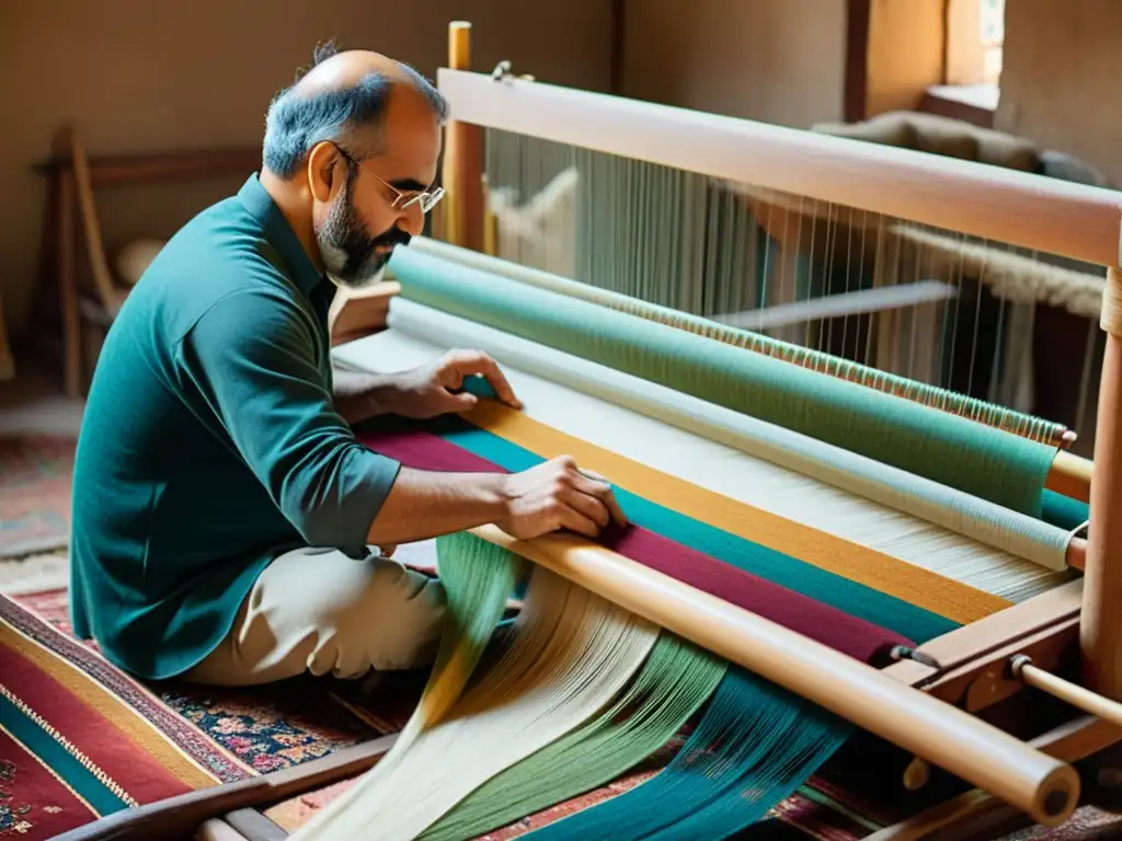 Un hábil artesano teje patrones artísticos en alfombras persas en un telar tradicional, evocando la belleza y la artesanía de Irán