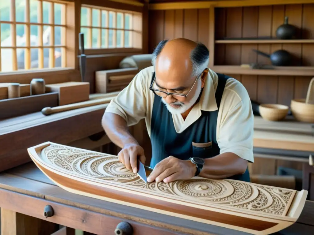 Artesano Tallando Detalles en Casco de Barco Un hábil artesano talla patrones artísticos en carpintería náutica, rodeado de herramientas tradicionales en un taller marítimo