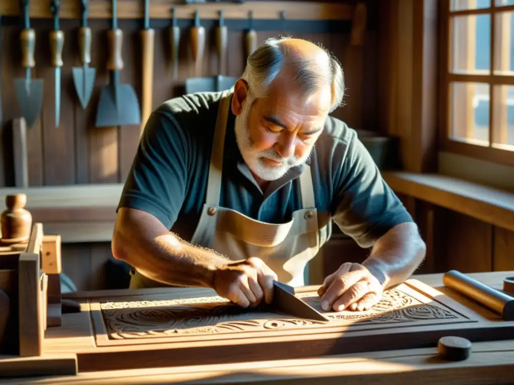 Artesano tallando un barco de madera: tradición naval Un hábil artesano talla patrones artísticos en la carpintería náutica, mientras la luz del sol ilumina su dedicación y maestría