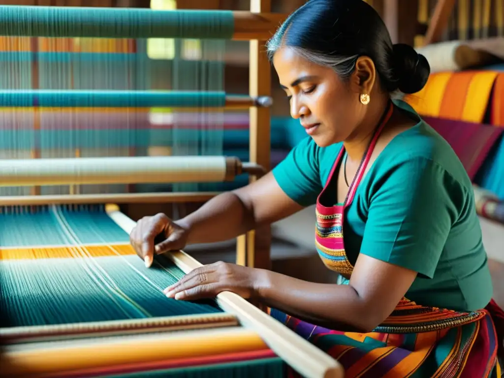 Un hábil artesano teje patrones artísticos culturales en un telar tradicional, rodeado de vibrantes textiles