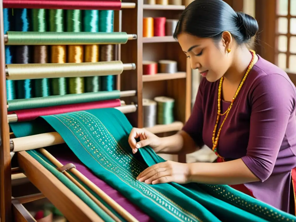 Un hábil artesano tejiendo patrones artísticos en una tela multicolor, evocando artesanía atemporal y significado cultural