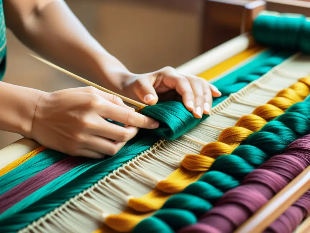 Un hábil artesano teje patrones artísticos en telas de alta gama, evocando sofisticación y artesanía tradicional con un toque vintage