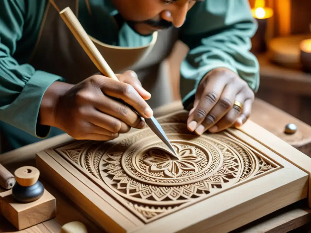 Un hábil artesano tallando patrones artísticos milenarios en madera, rodeado de herramientas tradicionales y materiales antiguos