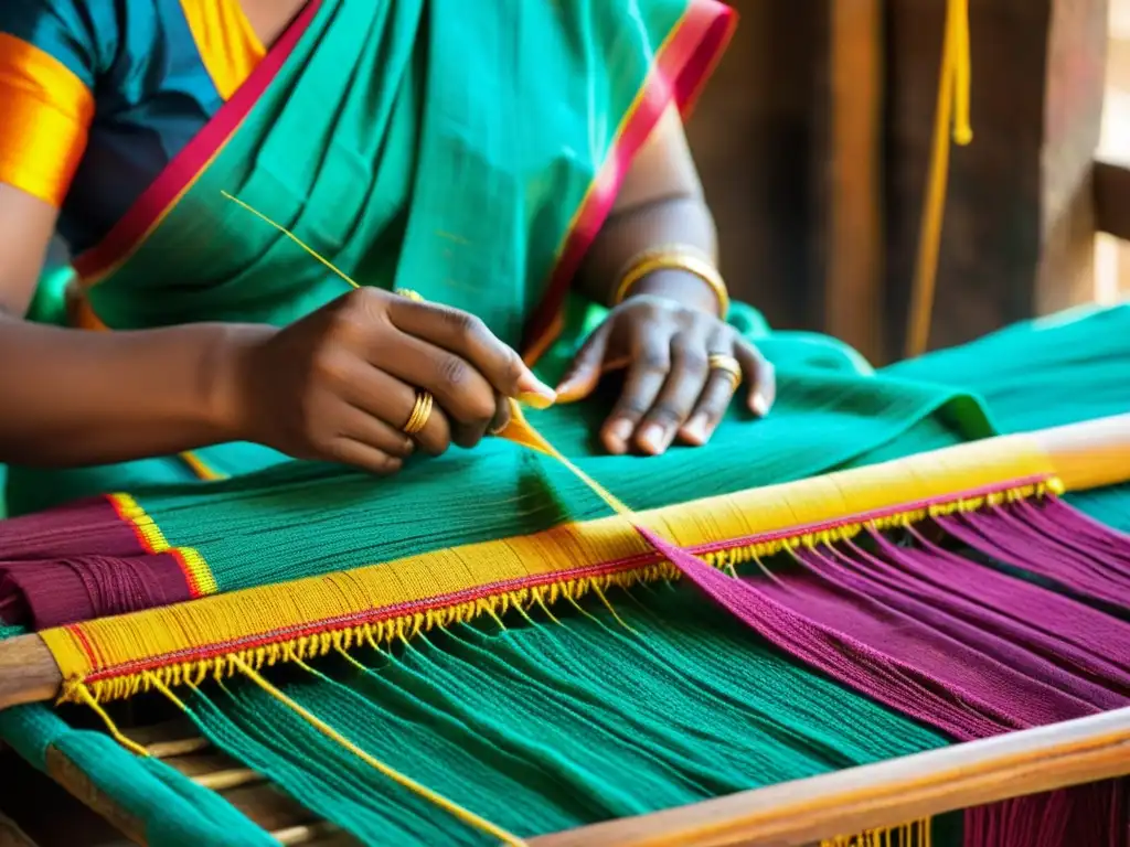 Un hábil artesano teje patrones y colores de sarees de Bengal en un telar tradicional, destacando la rica historia y belleza de la artesanía