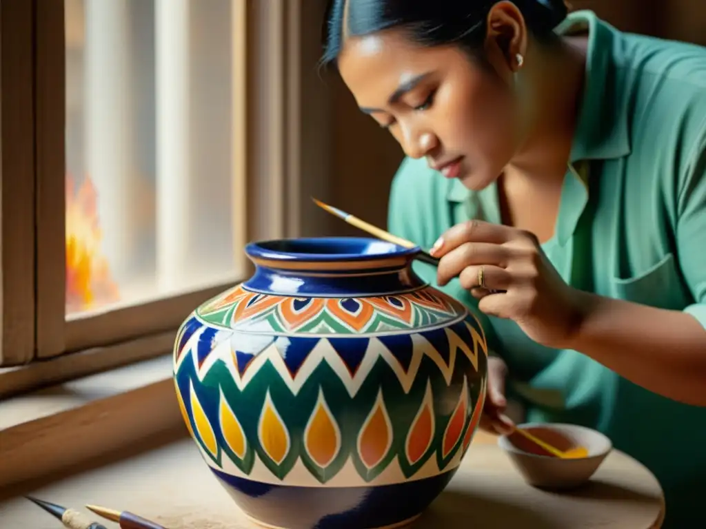 Un hábil artesano pinta patrones decorativos en un jarrón de cerámica, rodeado de colores y pinceles, con luz natural que realza su meticuloso trabajo