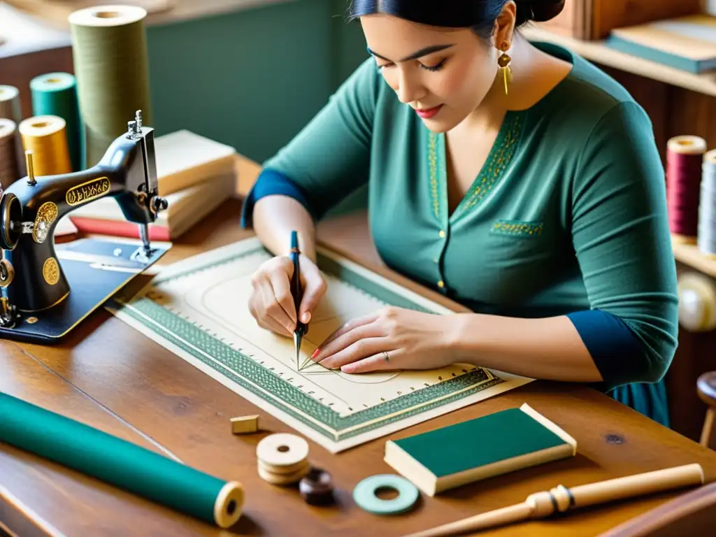 Un hábil artesano crea patrones detallados en un taller cálido y acogedor, rodeado de herramientas tradicionales y libros de diseño antiguo