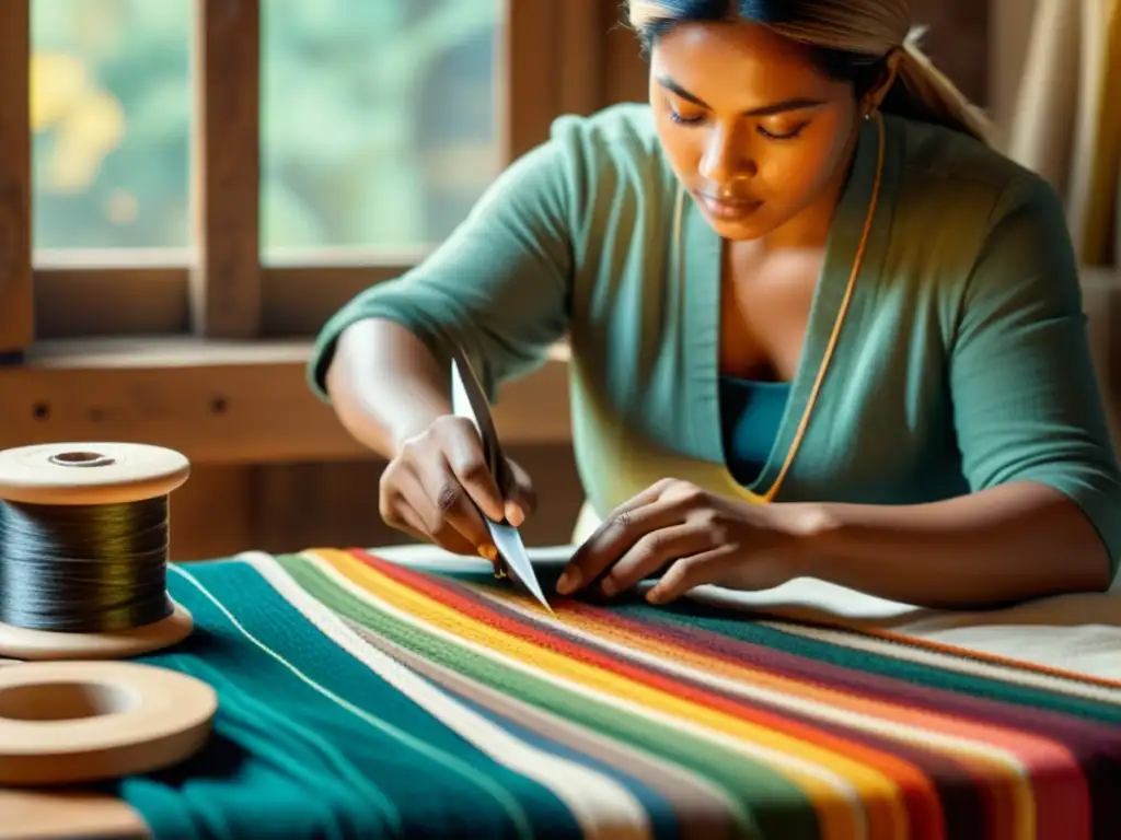 Artesano habilidoso crea patrones detallados con herramientas tradicionales Un hábil artesano crea patrones en tela con herramientas tradicionales, rodeado de hilos y tijeras vintage